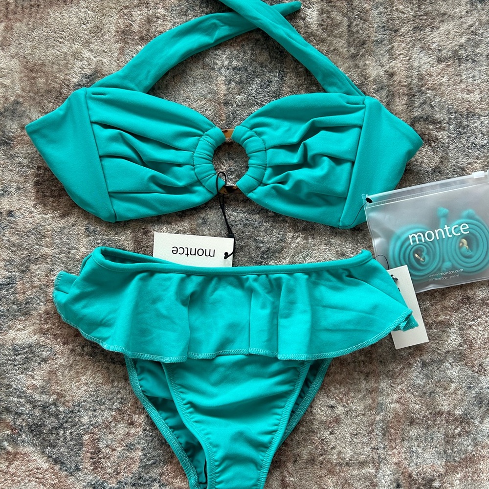 Montce Teal Bikini- Tori strapless top sz L and Tamarindo ruffle bottom sz M